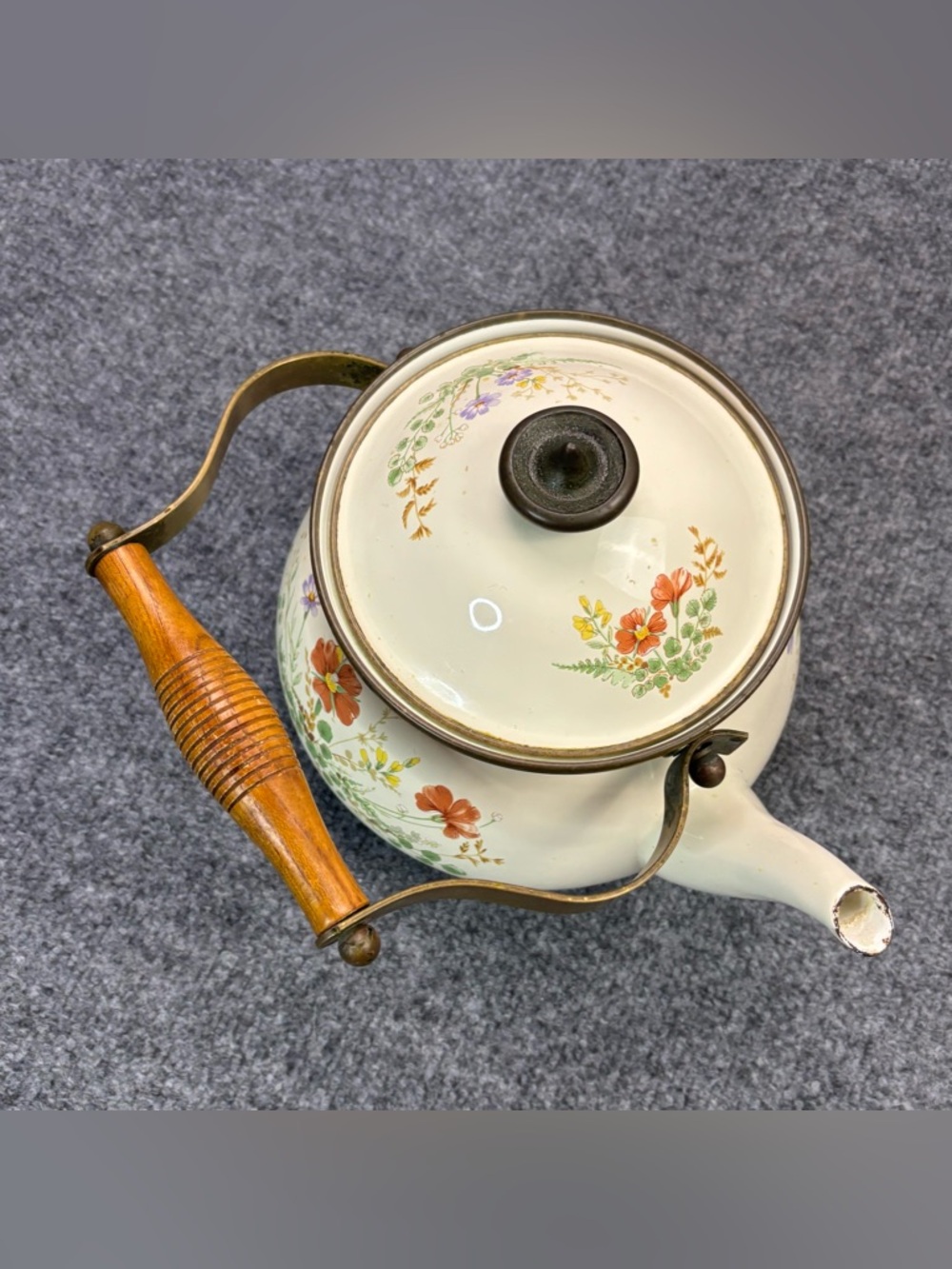 VTG Mikasa Grande Chef Wildflower Teapot 2.5 Qt Tea Kettle Enamelware Brass - Picture 6 of 15